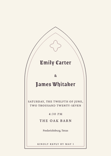Sample Chapel wedding invitation, personalized with fictional demo names
