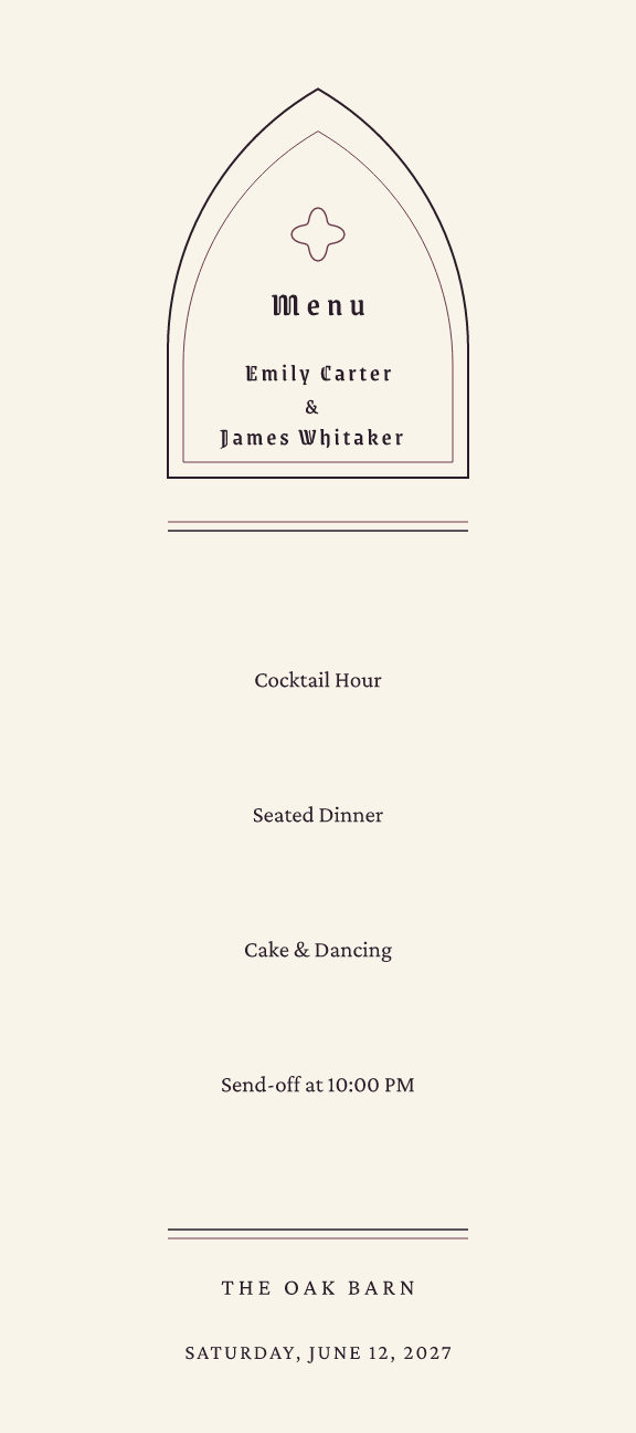 Sample menu — chapel theme, demo data