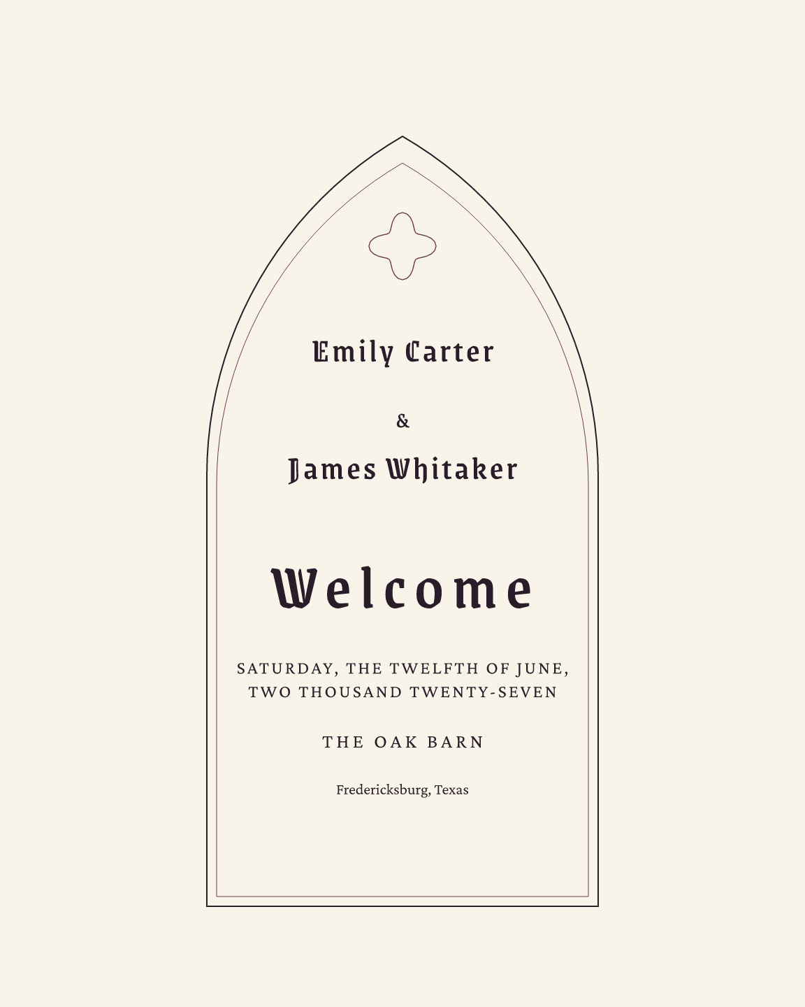 Sample welcome sign — chapel theme, demo data