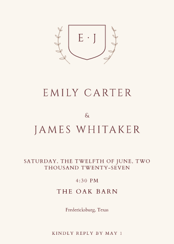 Sample Crest wedding invitation, personalized with fictional demo names