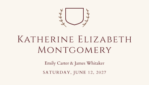Sample place card — crest theme, demo data