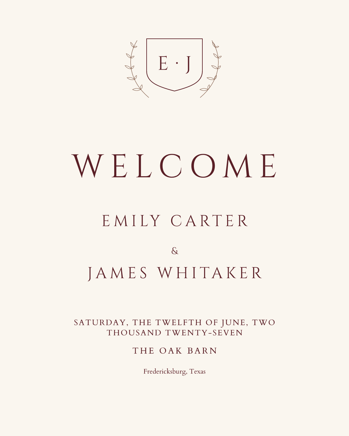 Sample welcome sign — crest theme, demo data