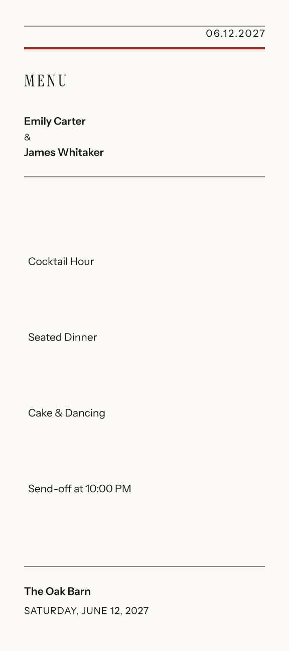 Sample menu — gazette theme, demo data