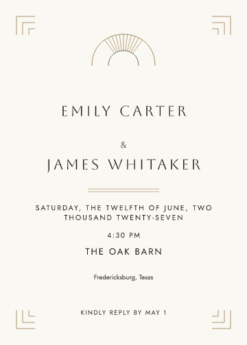 Gilded Deco invitation sample, personalized with fictional demo names