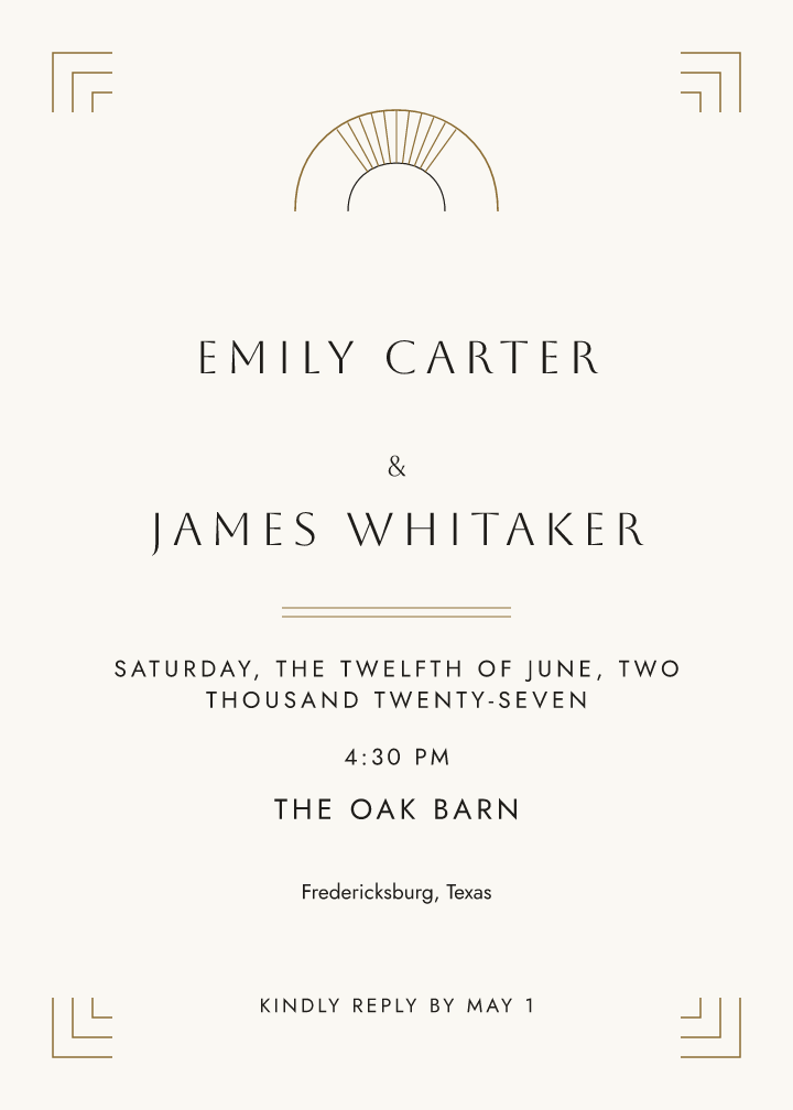 Sample invitation — gilded-deco theme, demo data
