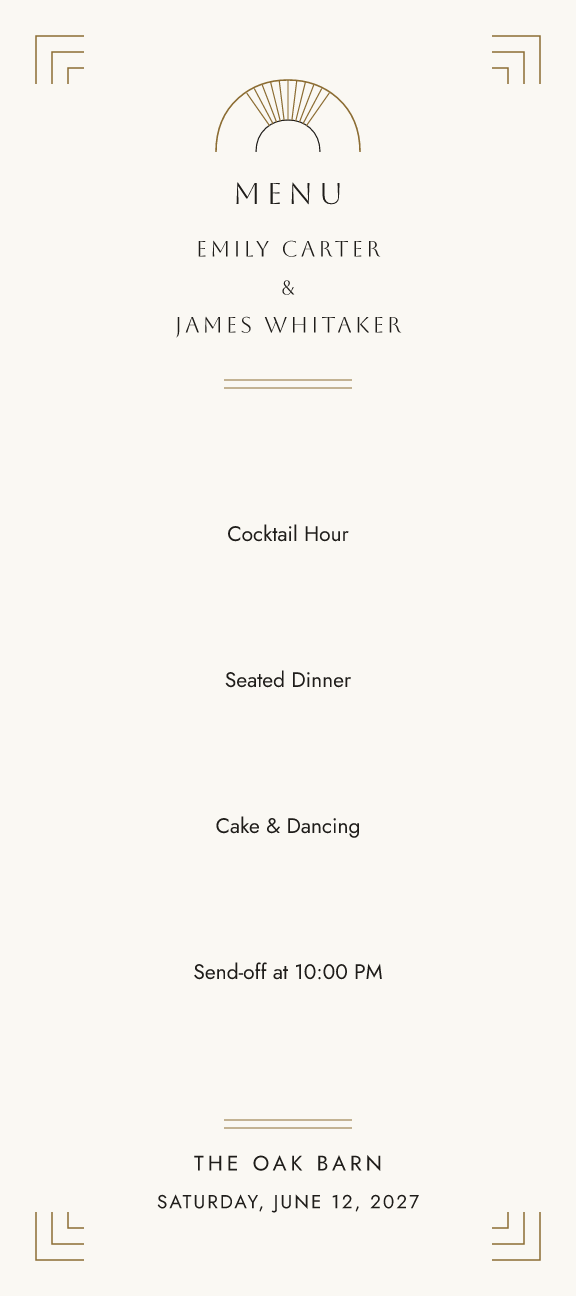 Sample menu — gilded-deco theme, demo data