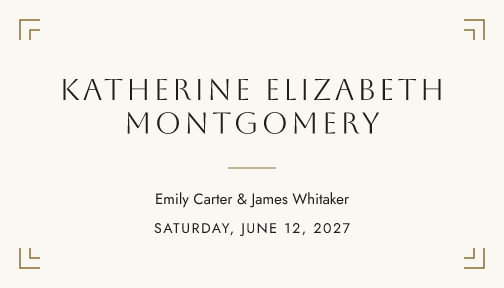 Sample place card — gilded-deco theme, demo data