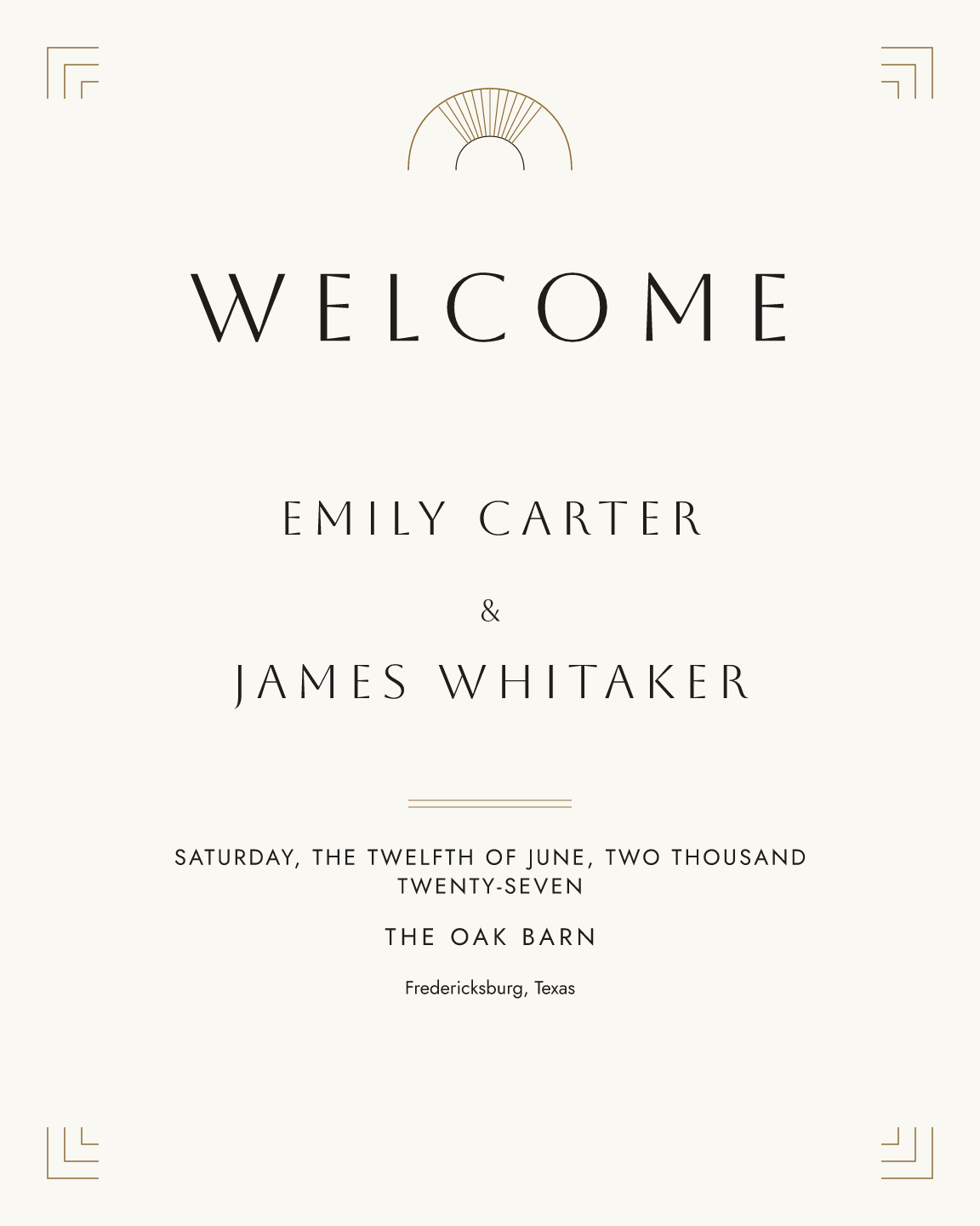 Sample welcome sign — gilded-deco theme, demo data