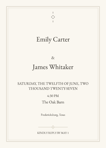 Sample Linen Serif wedding invitation, personalized with fictional demo names