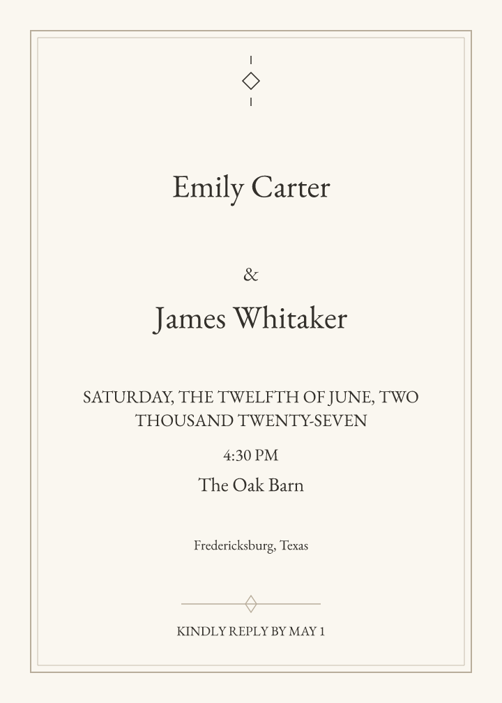Sample linen-serif wedding invitation, personalized with fictional demo names