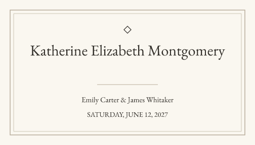 Sample place card — linen-serif theme, demo data
