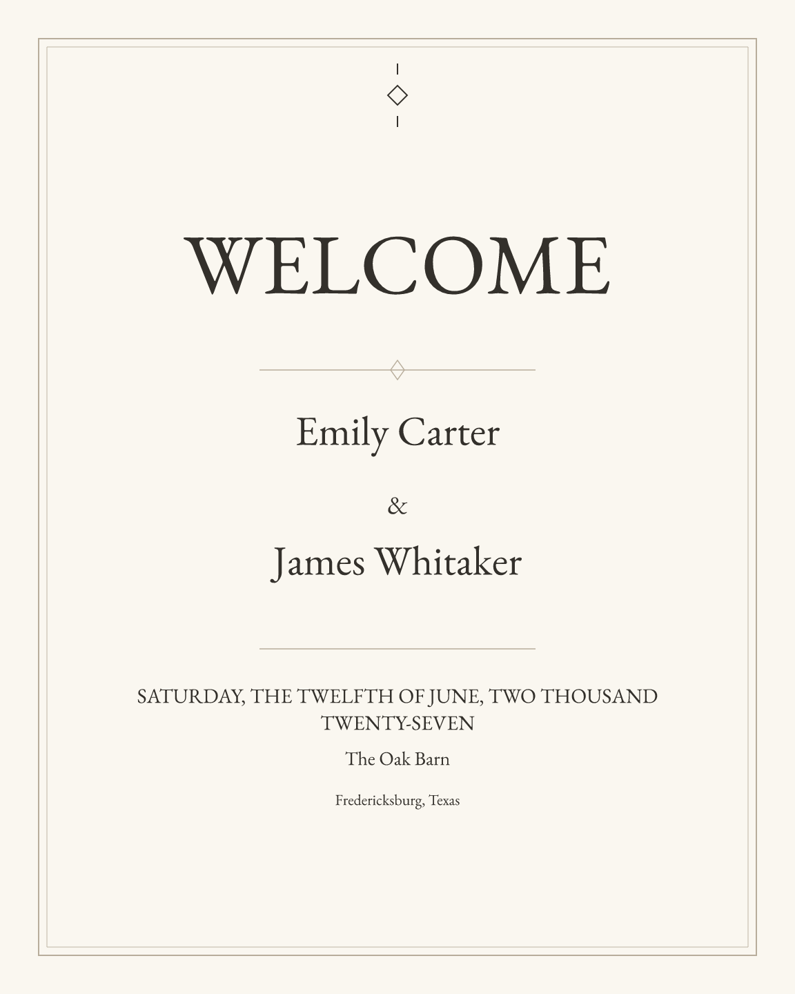 Sample welcome sign — linen-serif theme, demo data