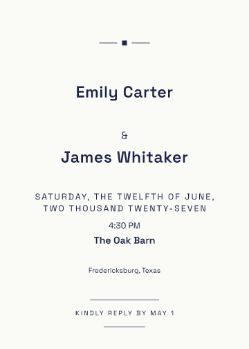 Sample Midnight Type wedding invitation, personalized with fictional demo names