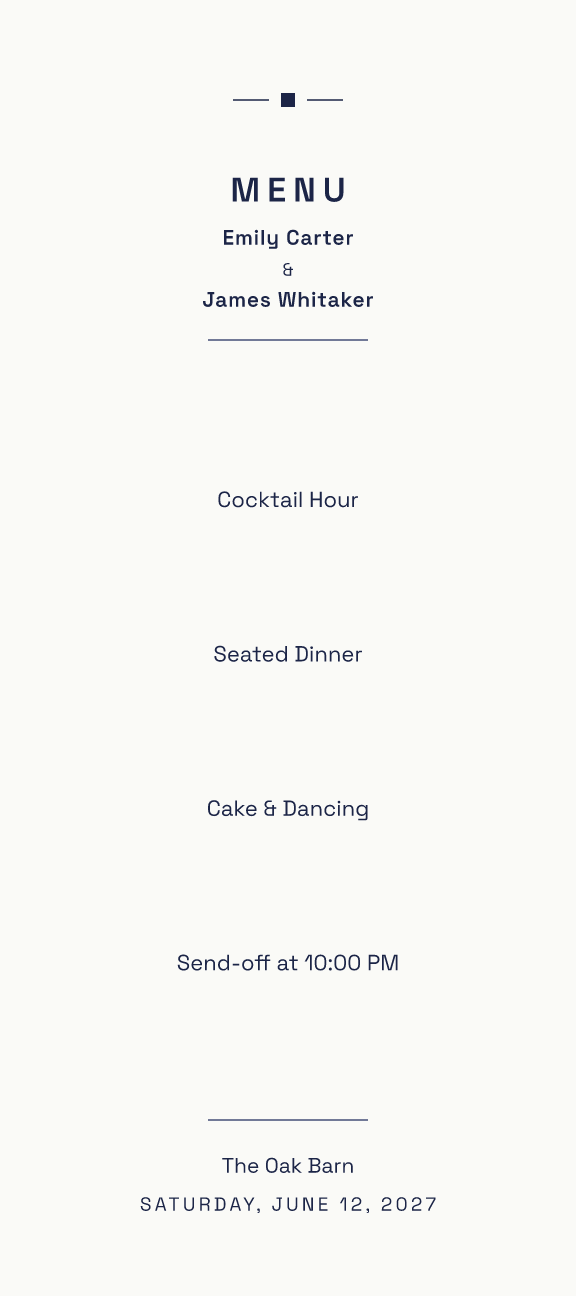 Sample menu — midnight-type theme, demo data