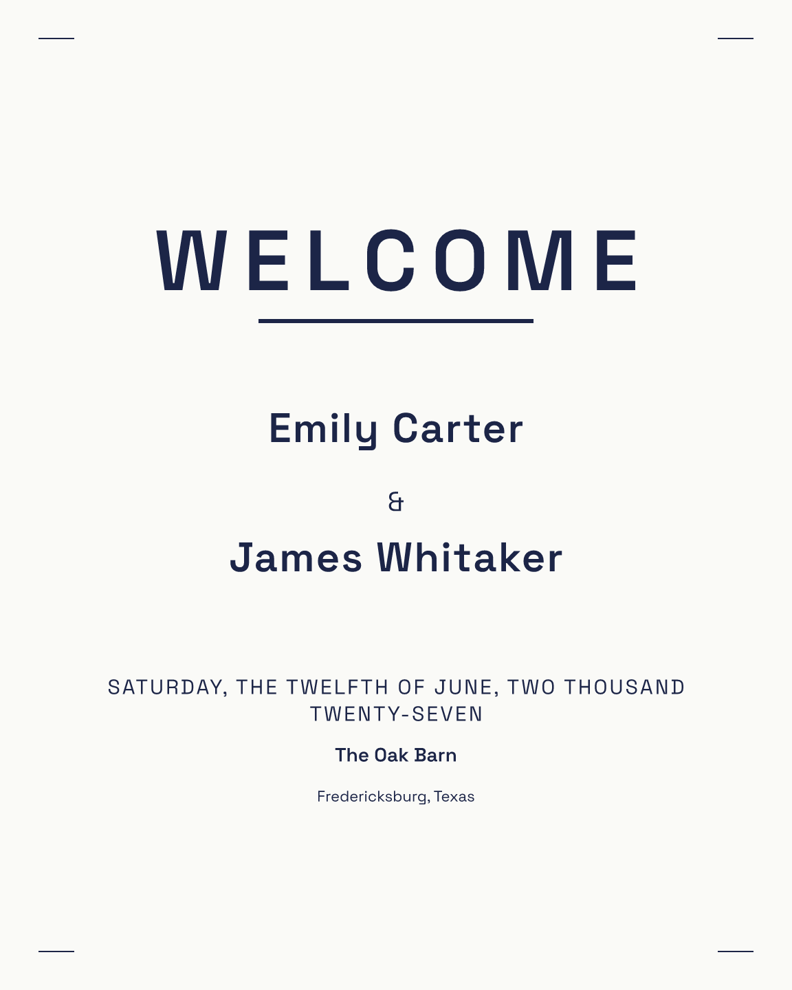 Sample welcome sign — midnight-type theme, demo data