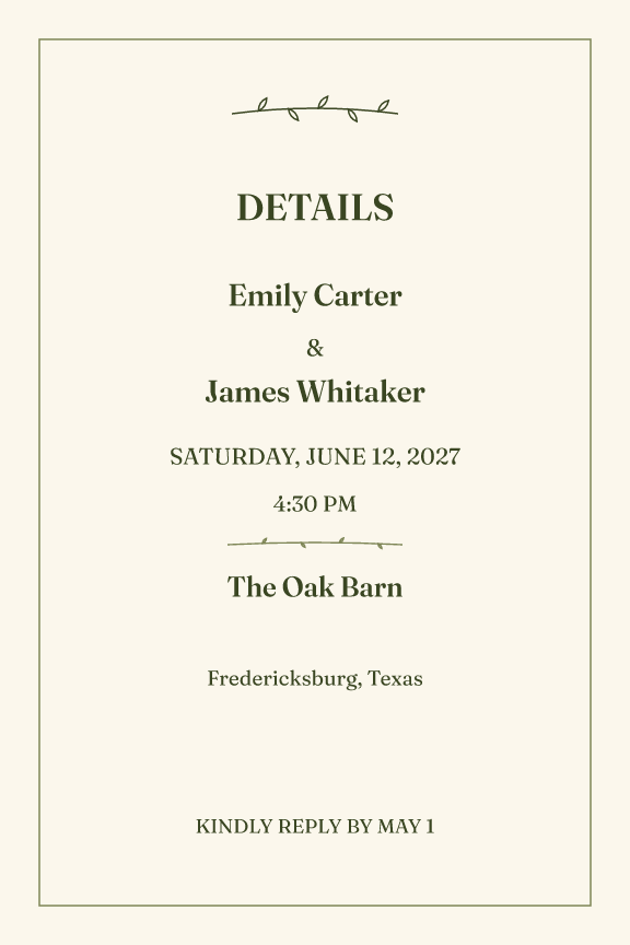 Sample details card — olive-line theme, demo data