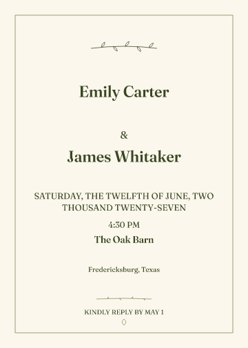 Sample Olive Line wedding invitation, personalized with fictional demo names