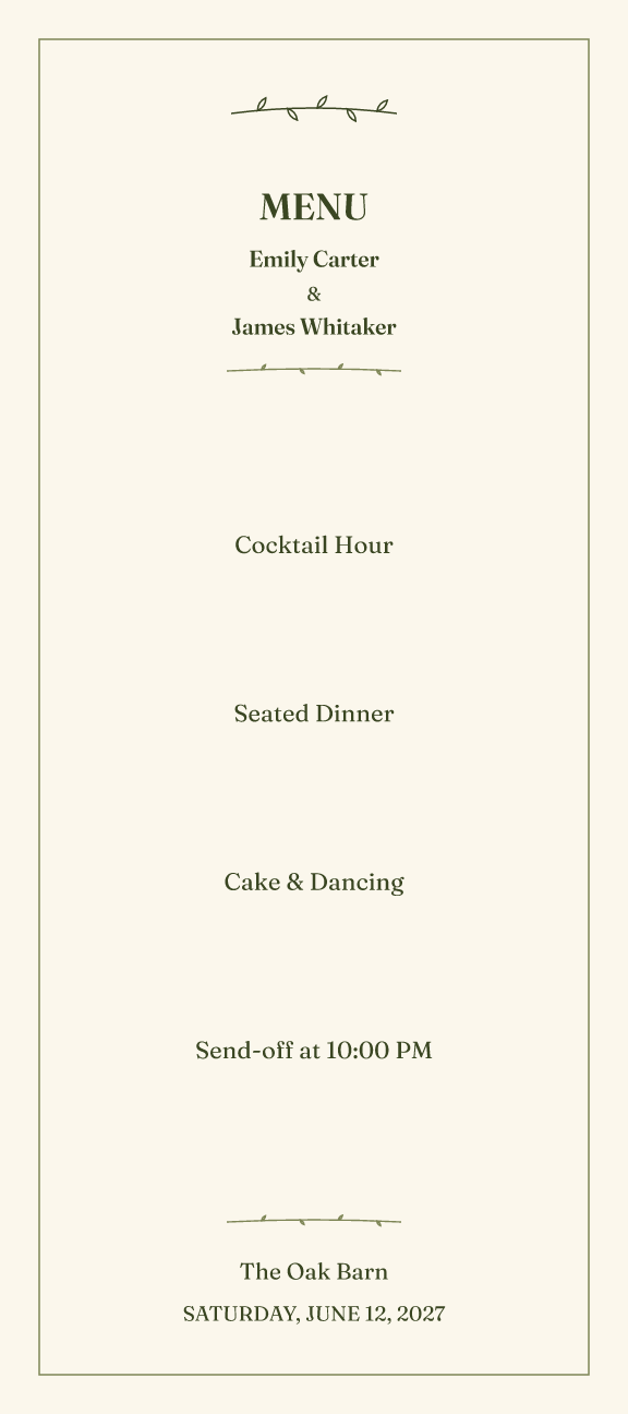 Sample menu — olive-line theme, demo data