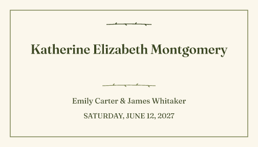 Sample place card — olive-line theme, demo data