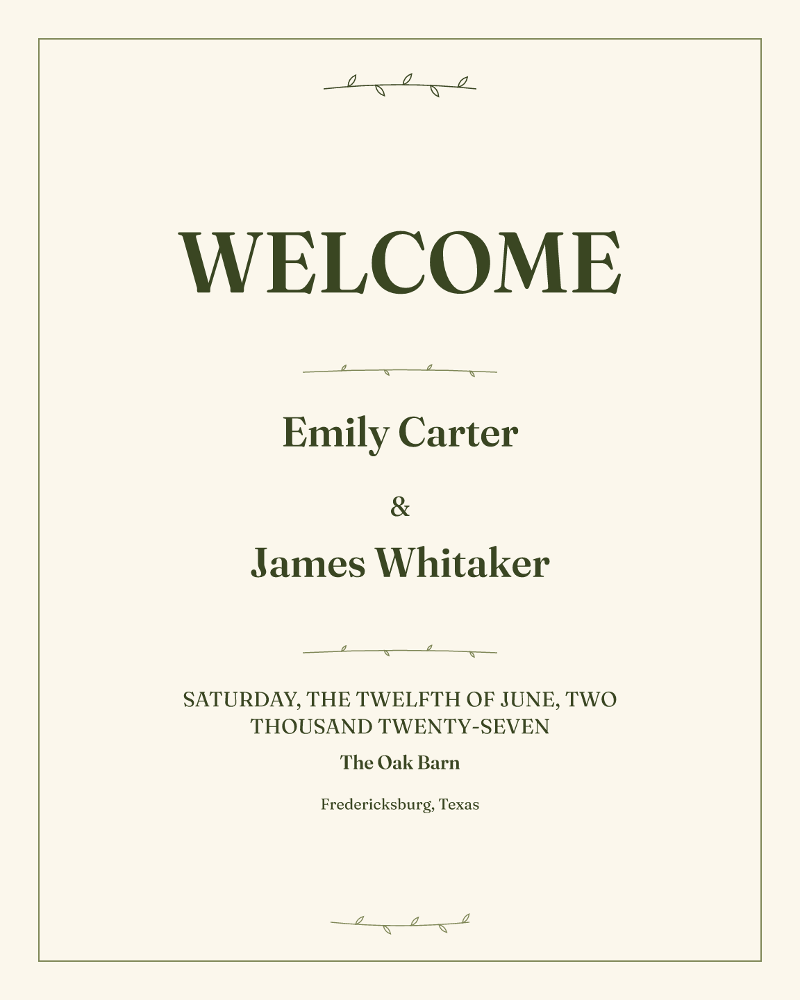 Sample welcome sign — olive-line theme, demo data