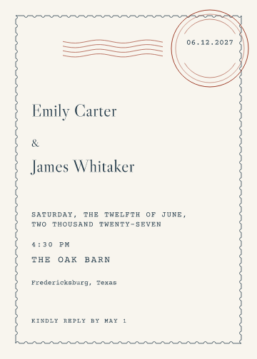 Postmark invitation sample, personalized with fictional demo names