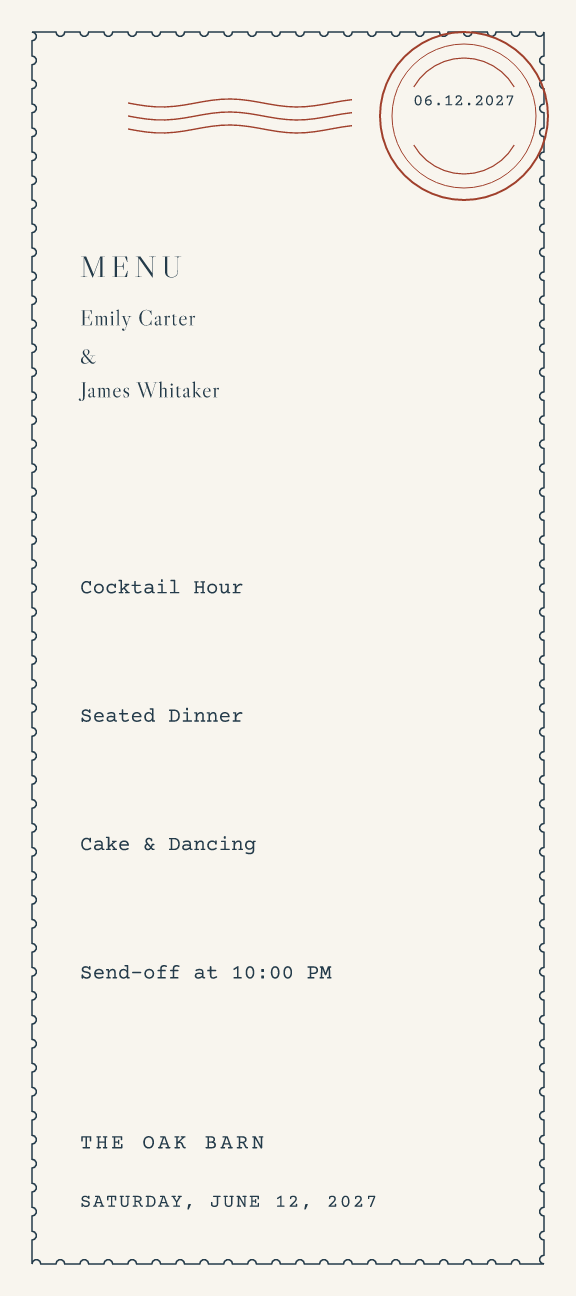 Sample menu — postmark theme, demo data