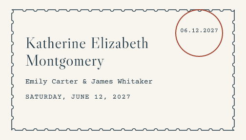 Sample place card — postmark theme, demo data