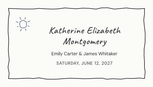 Sample place card — sketchbook theme, demo data