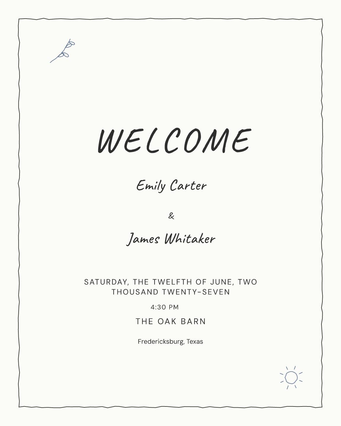 Sample welcome sign — sketchbook theme, demo data