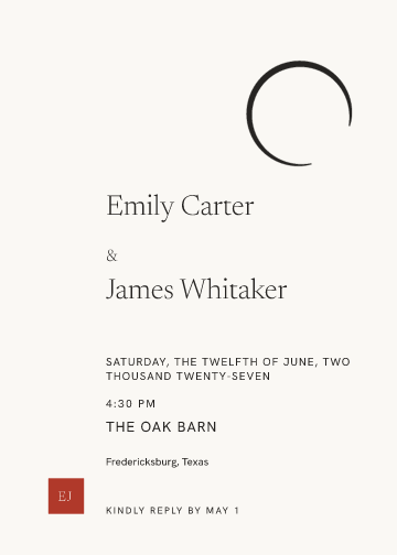 Sample Still Ink wedding invitation, personalized with fictional demo names