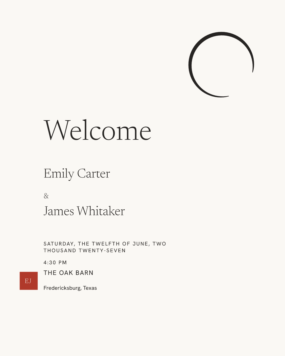Sample welcome sign — still-ink theme, demo data