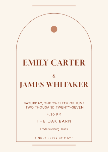 Terrace Arch invitation sample, personalized with fictional demo names