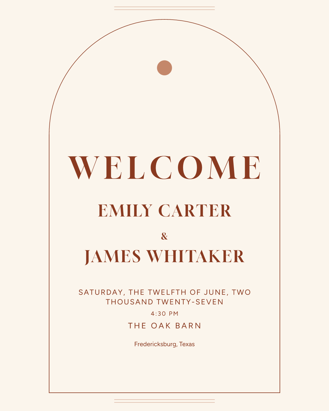 Sample welcome sign — terrace-arch theme, demo data