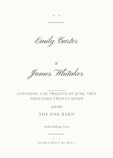 Vellum Script invitation sample, personalized with fictional demo names