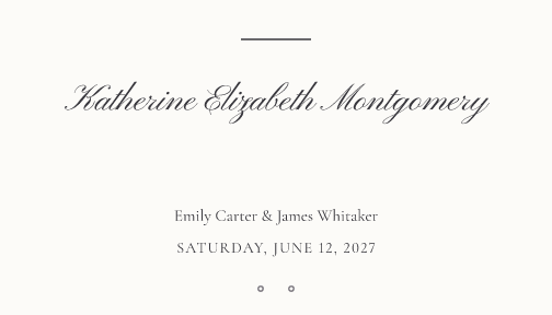 Sample place card — vellum-script theme, demo data