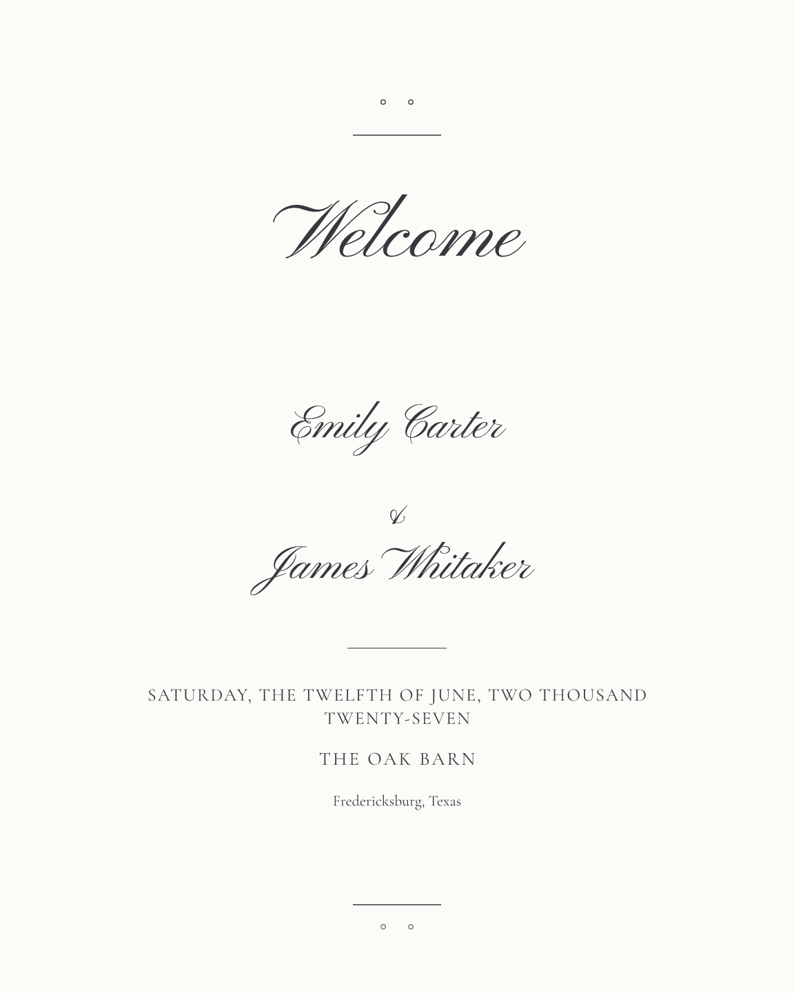 Sample welcome sign — vellum-script theme, demo data